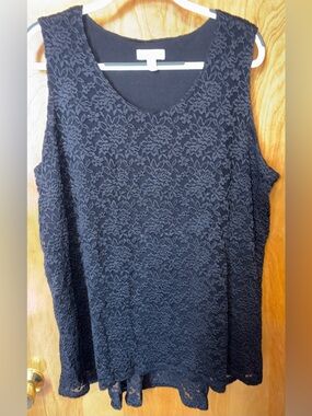 Susan Graver black stretch lace peplum v-neck sleeveless top Size 2X